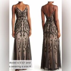 NEW Marina Black Beaded V Neck Tulle Gown 4